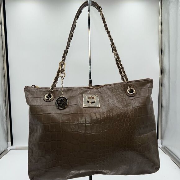 DKNY Croc Embossed Leather Adjustable Woven Chain Tote - Picture 1 of 14